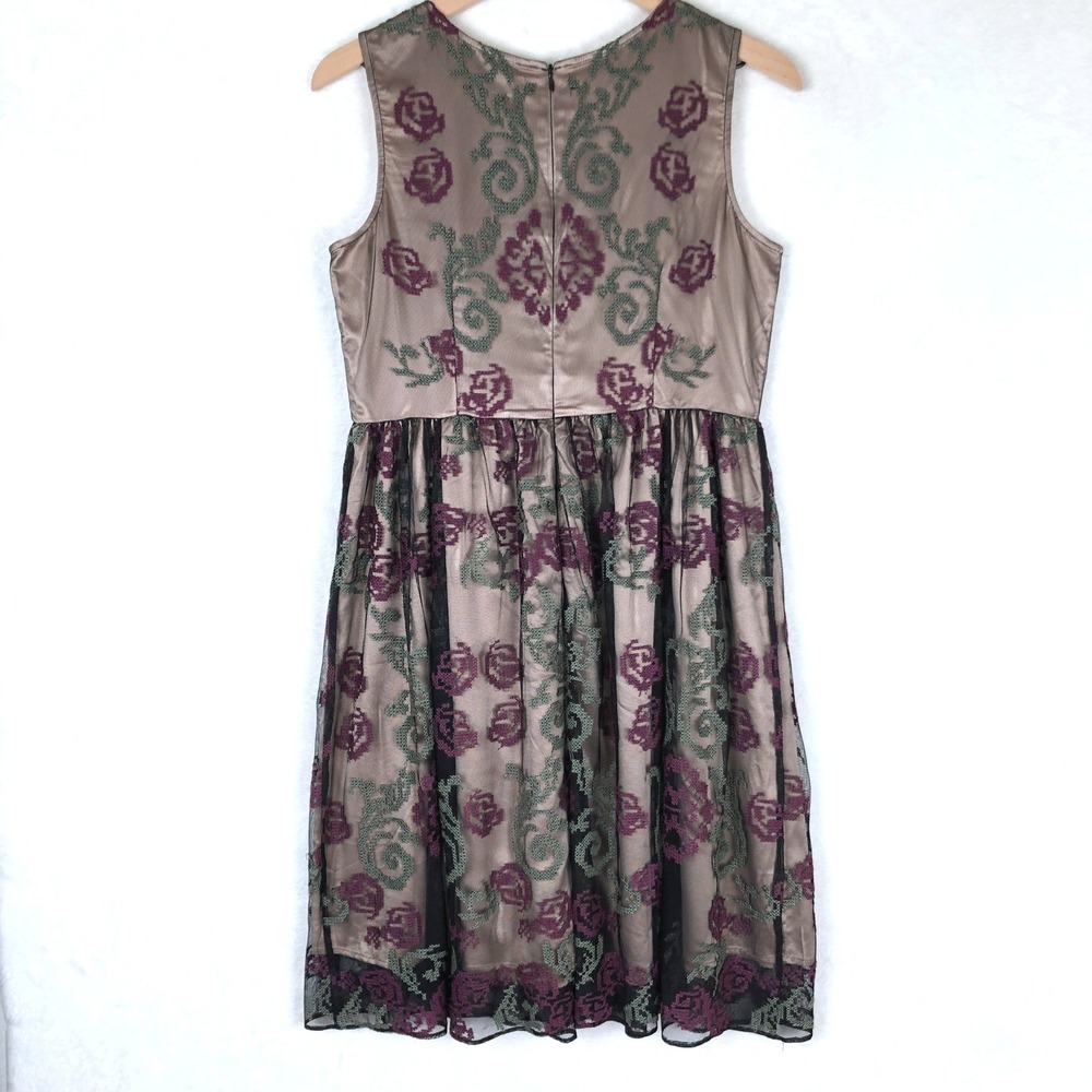 SUNDANCE Embroidered Mesh Fit Flare Midi Dress Sz 4 Tan Green Burgundy Floral - Picture 2 of 13